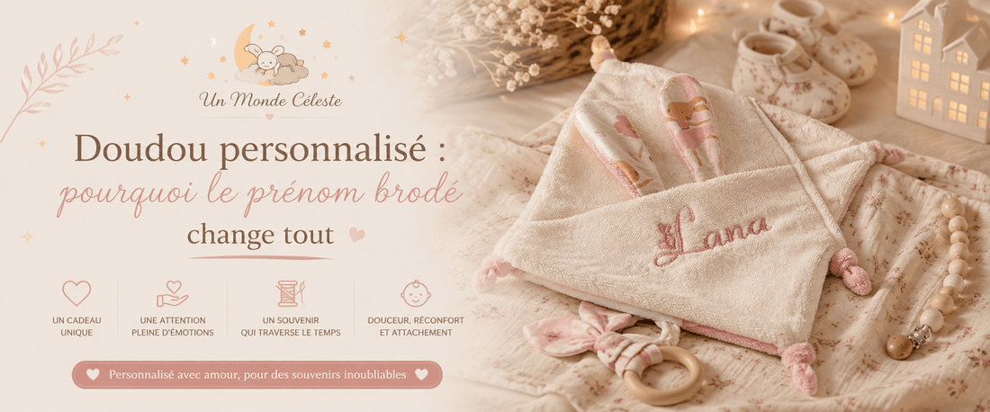 Doudou personnalisé : pourquoi le prénom brodé change tout - Un monde Céleste
