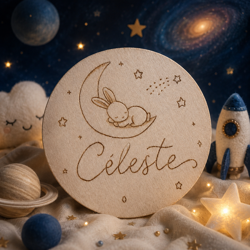 🌙 Plaque prénom personnalisée – Création sur mesure en pyrogravure